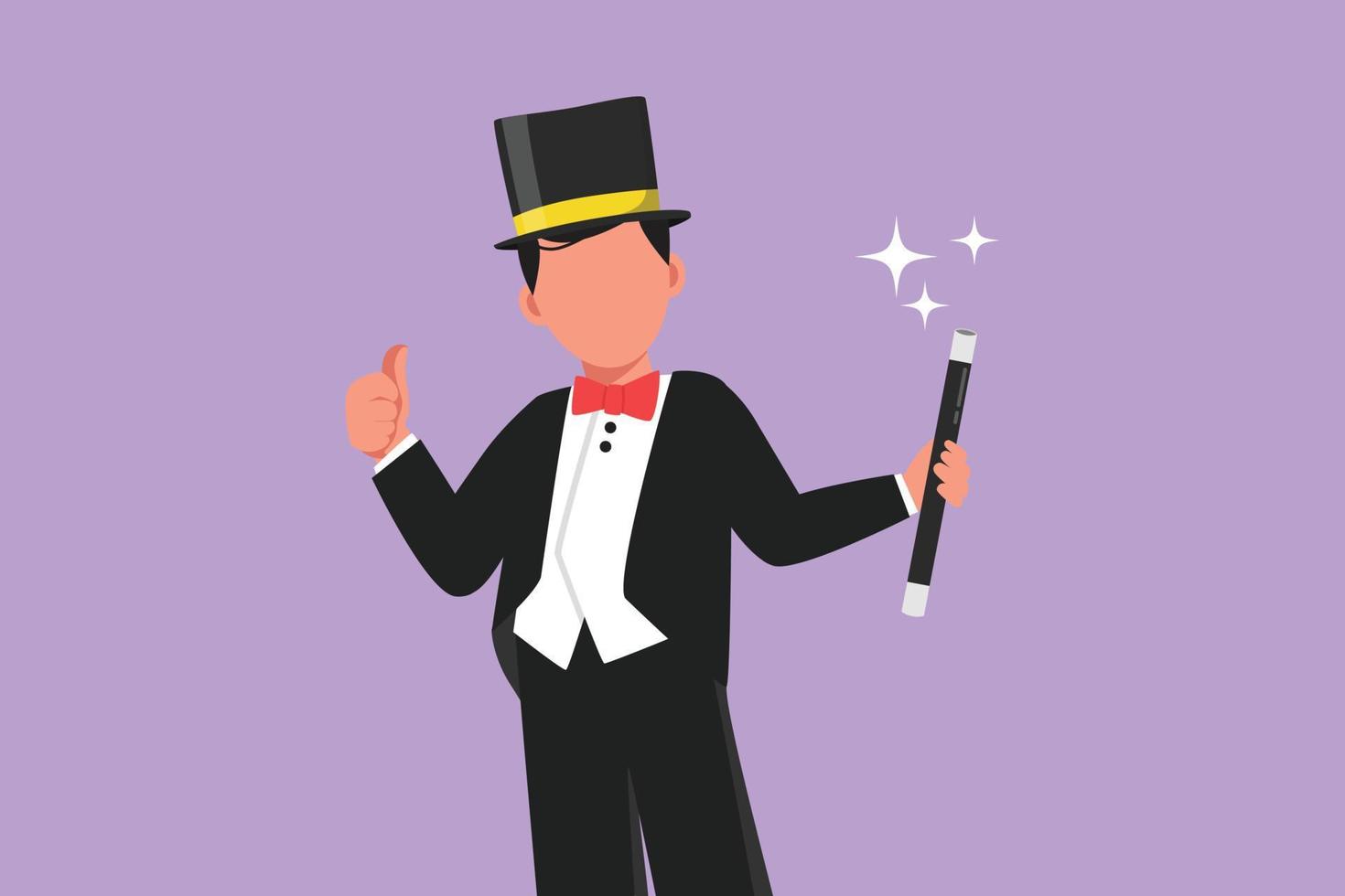 Graphic flat design drawing funny male magician in tuxedo suit with gesture thumbs up wearing hat and holding magic stick ready to entertain audience in circus show. Cartoon style vector illustration