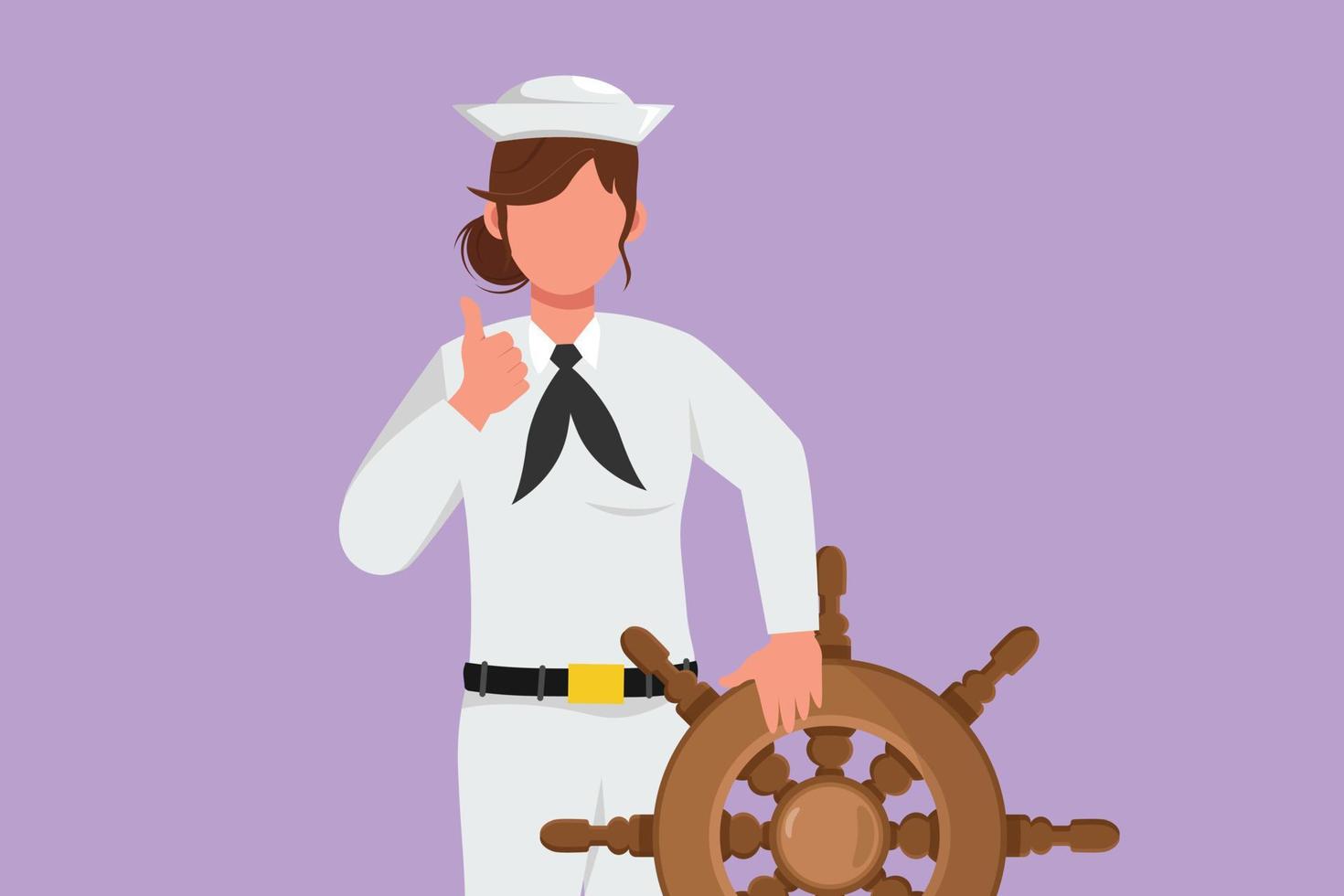 Character flat drawing bravery sailor woman with thumbs up gesture ready to sail across seas in ship that is headed by captain. Female sailor traveling across ocean. Cartoon design vector illustration