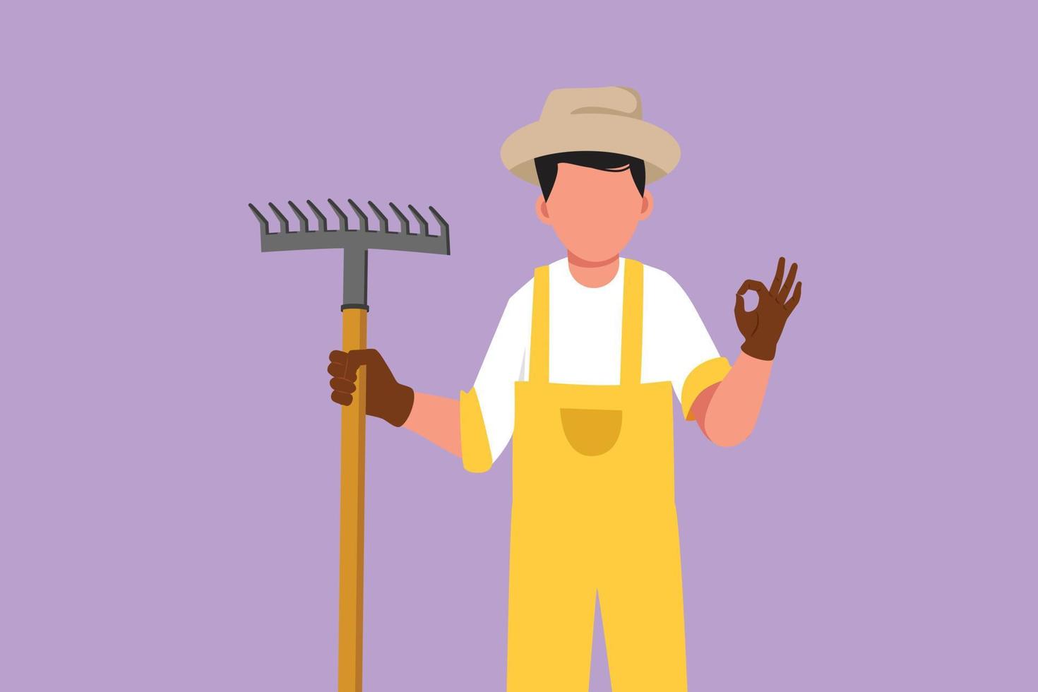 dibujo de diseño gráfico plano agricultor sosteniendo rastrillo con un gesto correcto y usando sombrero de paja para trabajar en la granja en el momento de la cosecha. gente del campo o de la vida rural. ilustración vectorial de estilo de dibujos animados vector