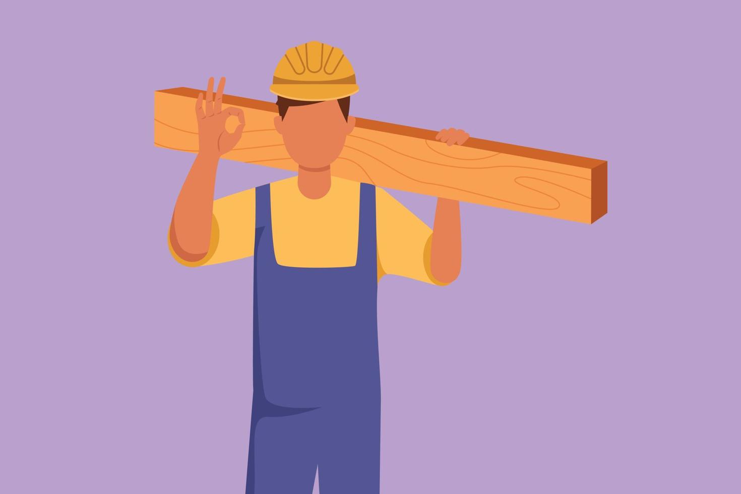 Cartoon flat style drawing male carpenter carrying wooden board with okay gesture and working in his workshop making wooden products. Skills in using carpentry tool. Graphic design vector illustration