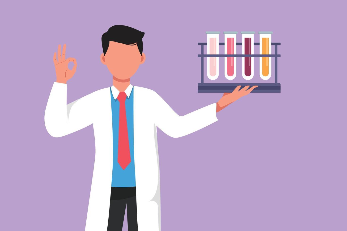 Graphic flat design drawing of smart male scientist holding measuring tube with okay gesture and examining chemical solution to make vaccine due to pandemic outbreak. Cartoon style vector illustration