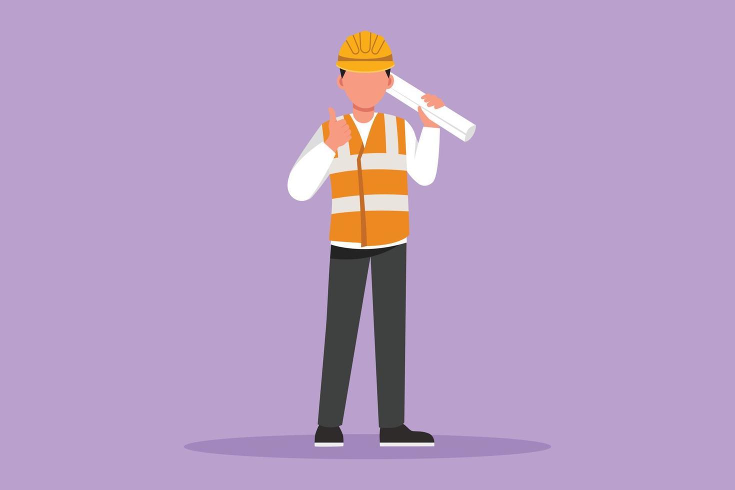 Cartoon flat style drawing male architect standing holding roll of paper work with thumbs up gesture and wearing helmet carrying blueprint for building's work plan. Graphic design vector illustration