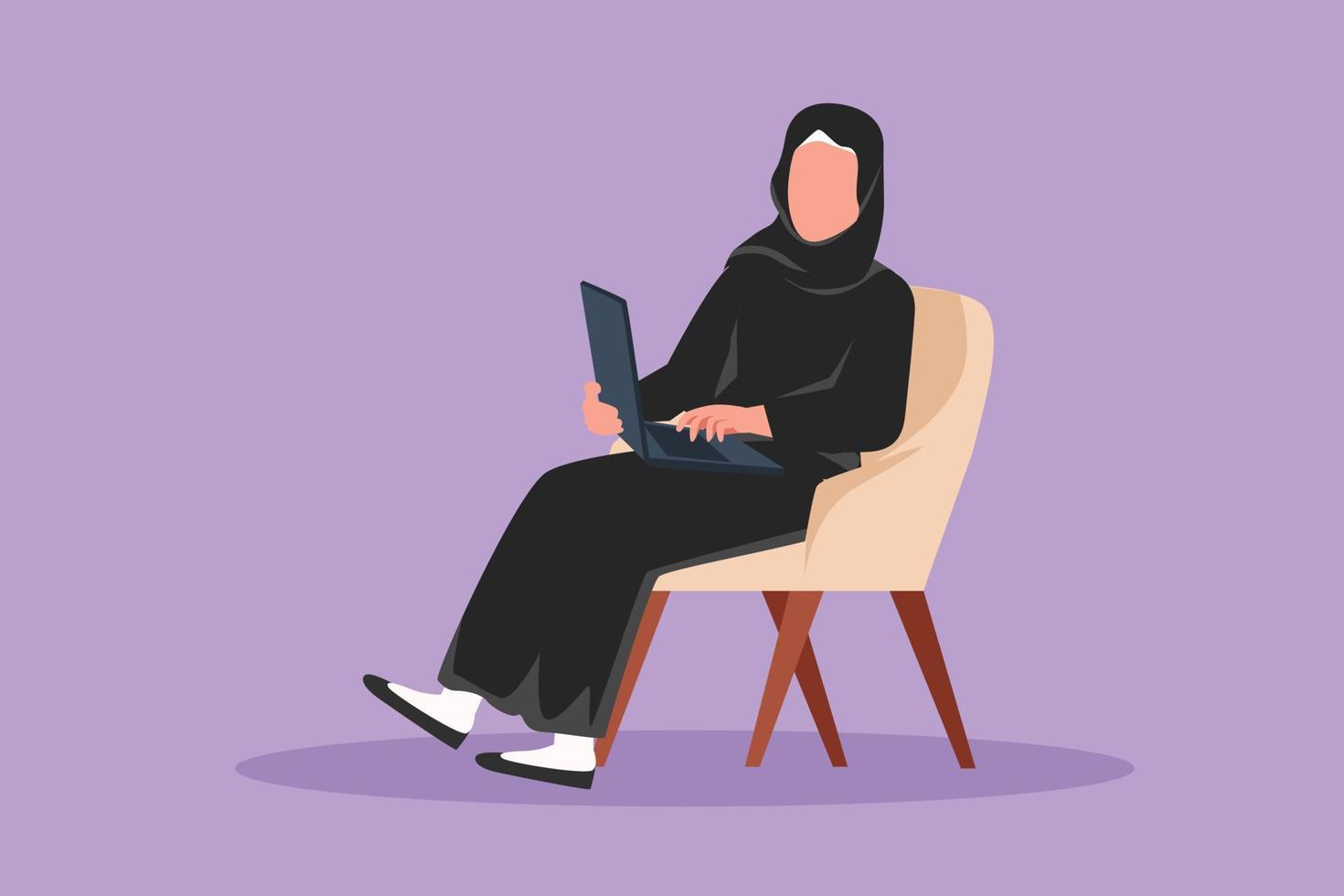 personaje plano dibujando un joven personaje femenino árabe trabajando en una laptop desde casa, distanciamiento social, oficina remota. vida cotidiana del trabajador independiente, educación estudiantil. ilustración vectorial de diseño de dibujos animados vector