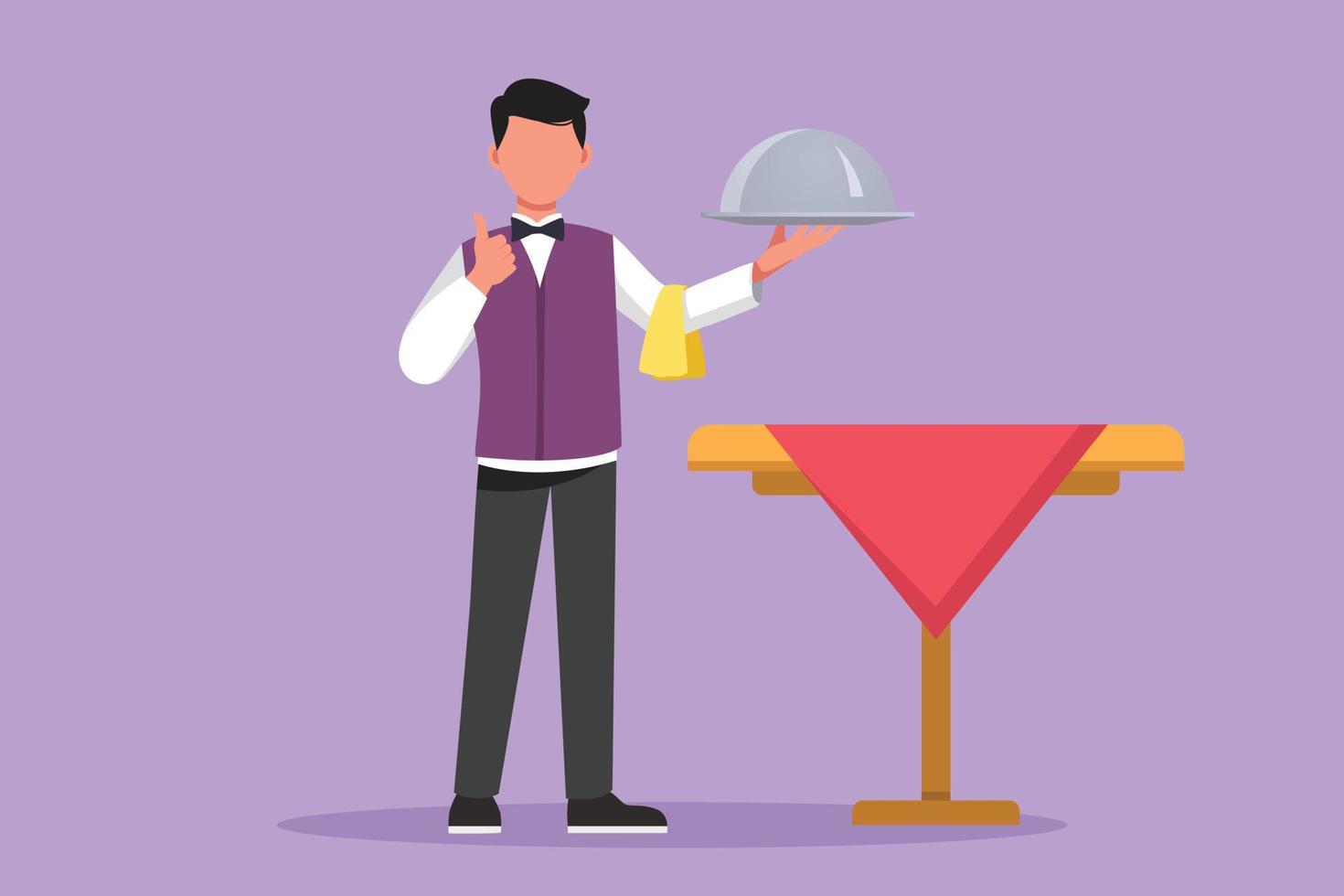 Cartoon flat style drawing waiter stood up with thumbs up gesture and brought a tray of delicious dishes to offer to restaurant guests. Male waiter working in cafe. Graphic design vector illustration