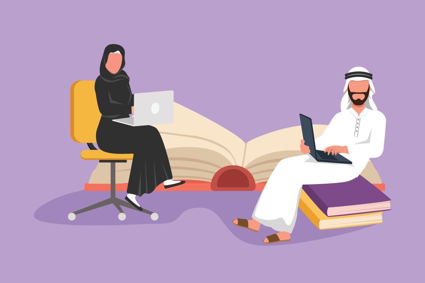 Graphic flat design drawing group of people with laptop computer at home. Arabian man sitting on pile of books, woman sitting on chair, typing or studying together. Cartoon style vector illustration