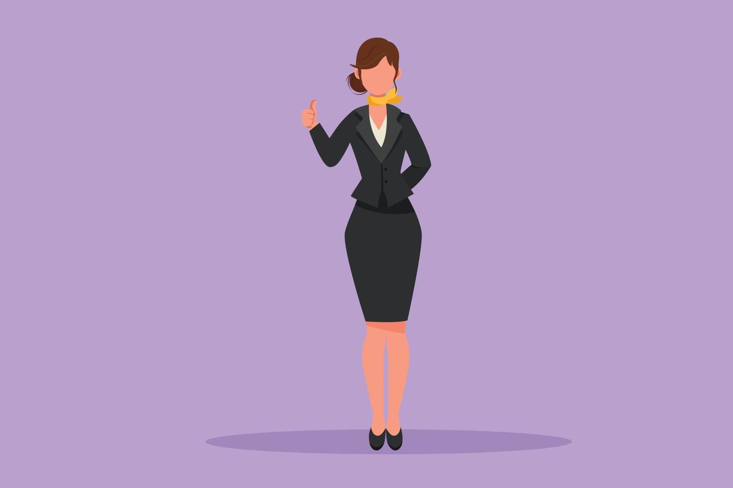 Cartoon flat style drawing female flight attendant standing in uniform with thumbs up gesture prepare at airport for flying and serve passenger to their destination. Graphic design vector illustration