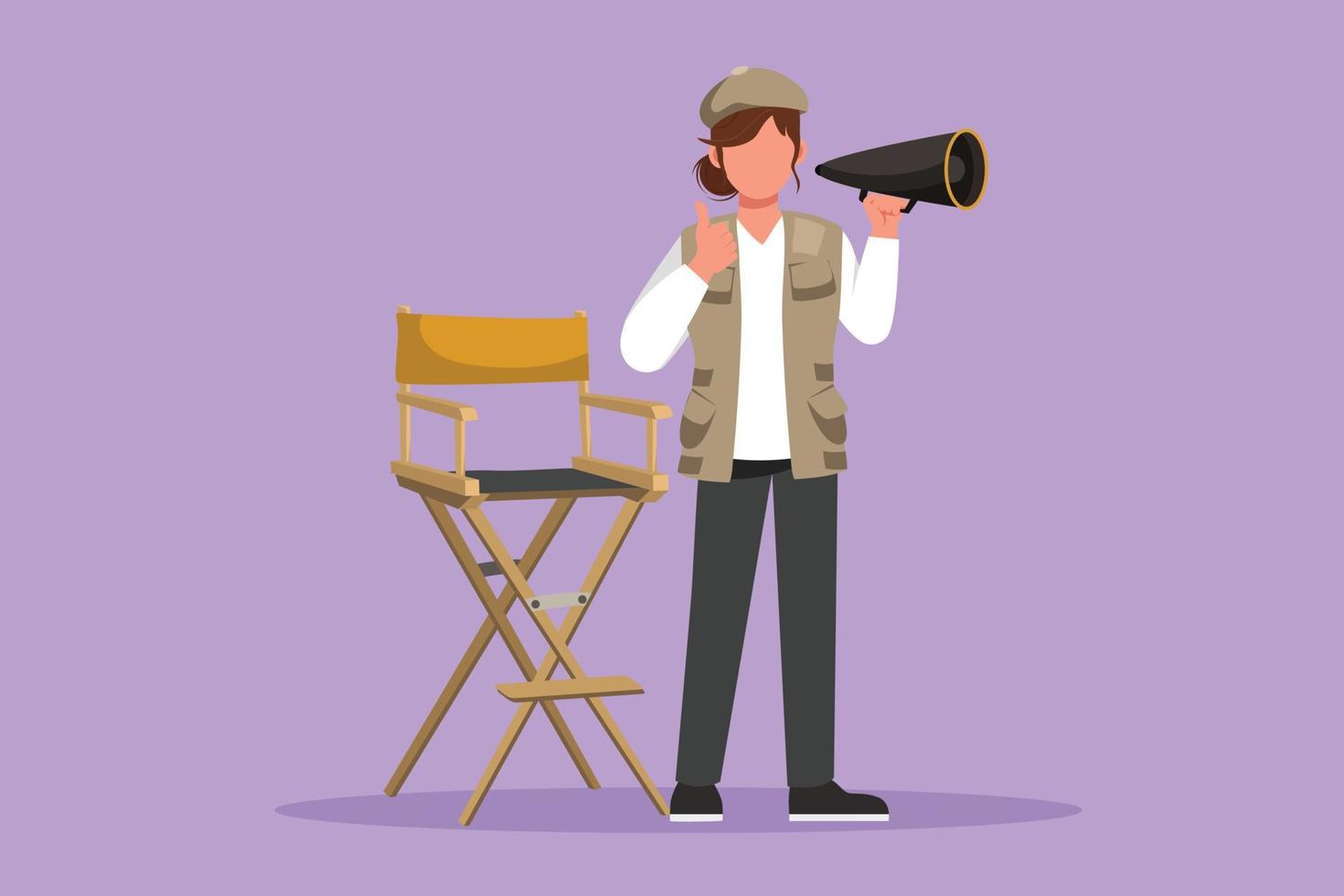 Graphic flat design drawing female film director standing and holding megaphone with thumbs up gesture while prepare camera crew for shooting action romantic series. Cartoon style vector illustration