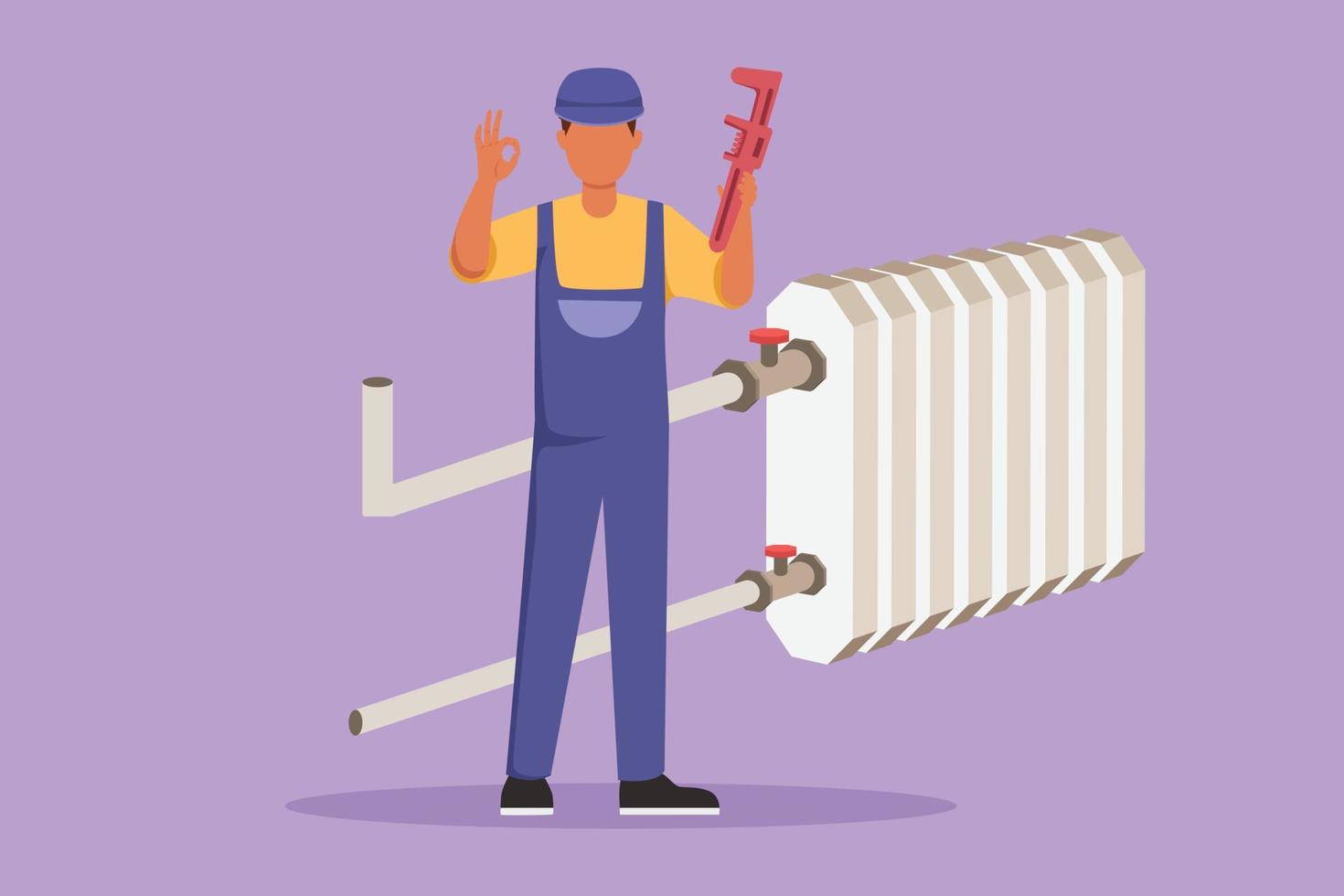 Graphic flat design drawing male plumber standing holding wrench with okay gesture was ready to work on repairing the leaking drain in the sink and the houses drains. Cartoon style vector illustration