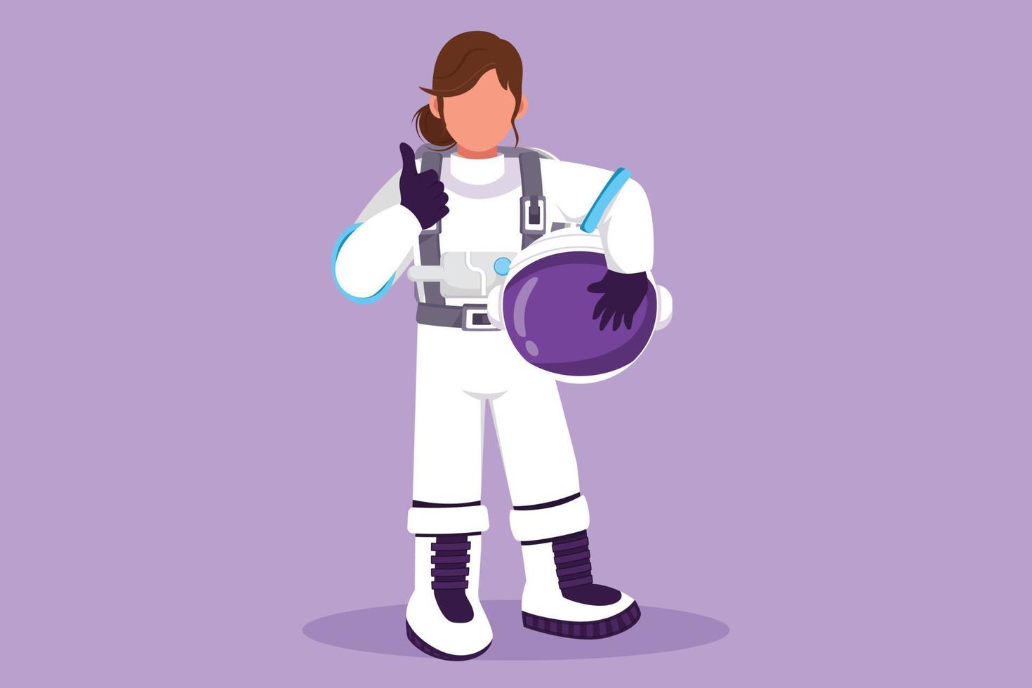 Graphic flat design drawing female astronaut stands with thumbs up gesture wearing spacesuit exploring earth, moon, other planets in universe. Start space expedition. Cartoon style vector illustration