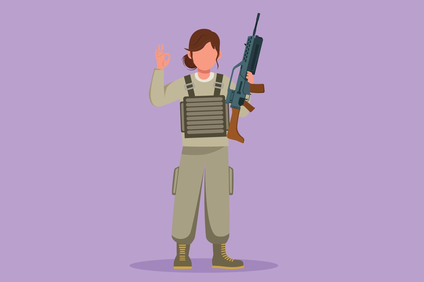 Cartoon flat style drawing beauty female soldiers or army standing with weapons, full uniform, and okay gesture serving the country with strength of military forces. Graphic design vector illustration