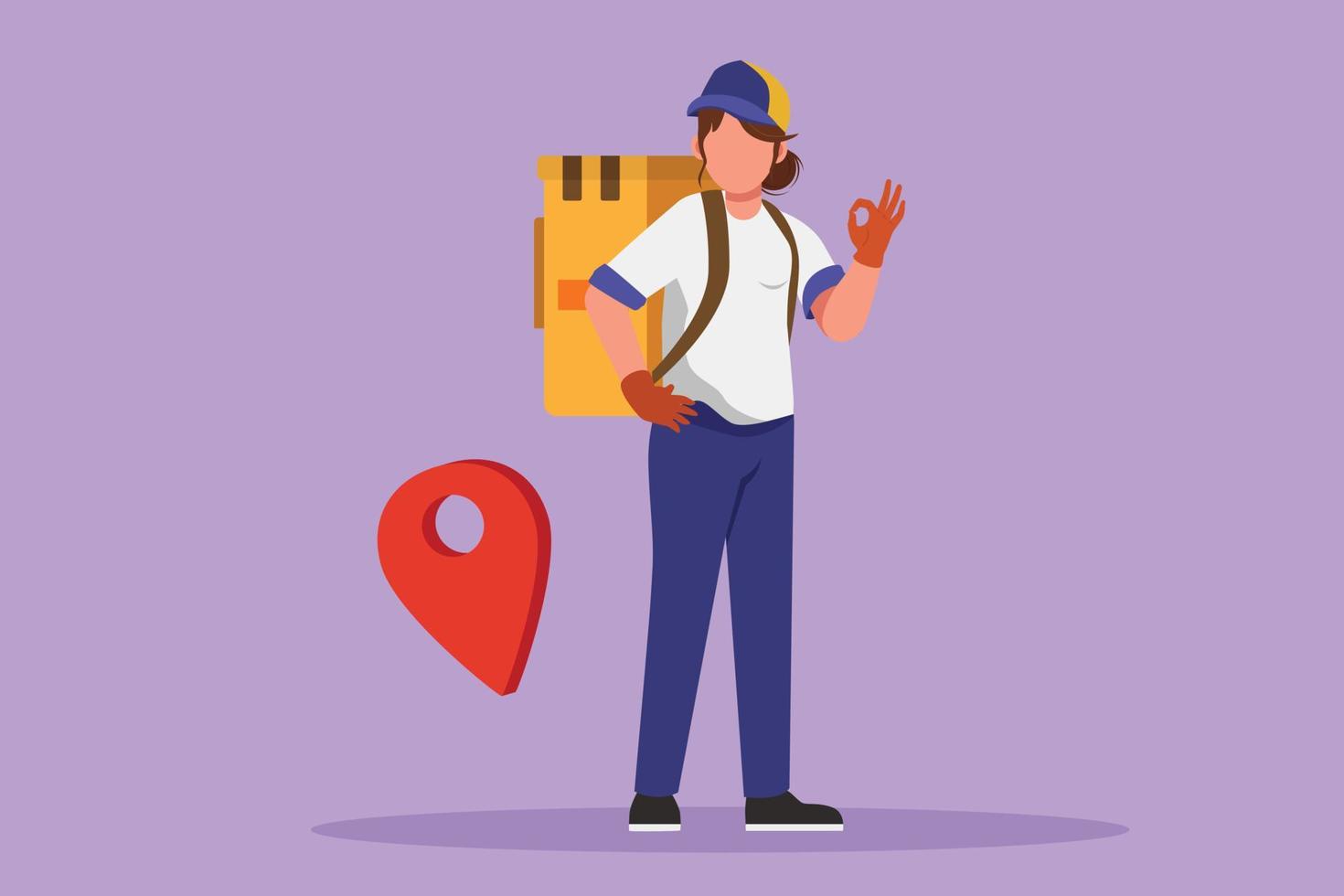 Cartoon flat style drawing delivery woman standing with okay gesture and pin map symbol. Carrying package box that the customer has ordered to be delivered safely. Graphic design vector illustration