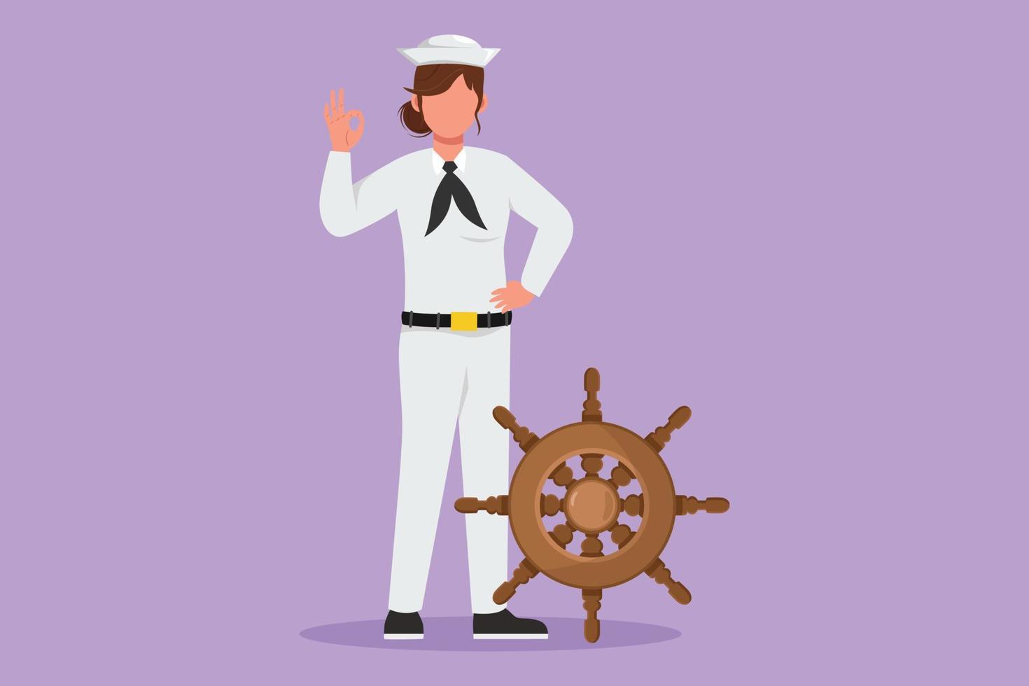 Character flat drawing beauty sailor woman standing with okay gesture to be part of cruise ship, carrying passengers traveling across ocean. Female sailor on duty. Cartoon design vector illustration