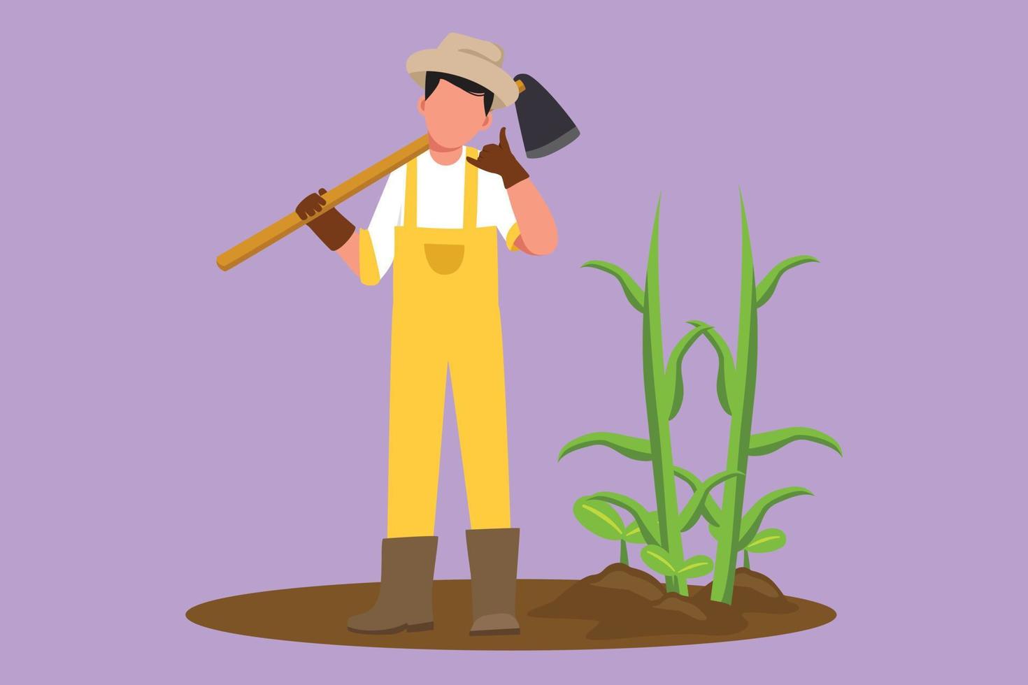 granjero de dibujo de diseño plano gráfico de pie con gesto de llamarme, con sombrero de paja, llevando pala para plantar cultivos o cosechar en tierras de cultivo. trabajador agrícola rural. ilustración vectorial de estilo de dibujos animados vector