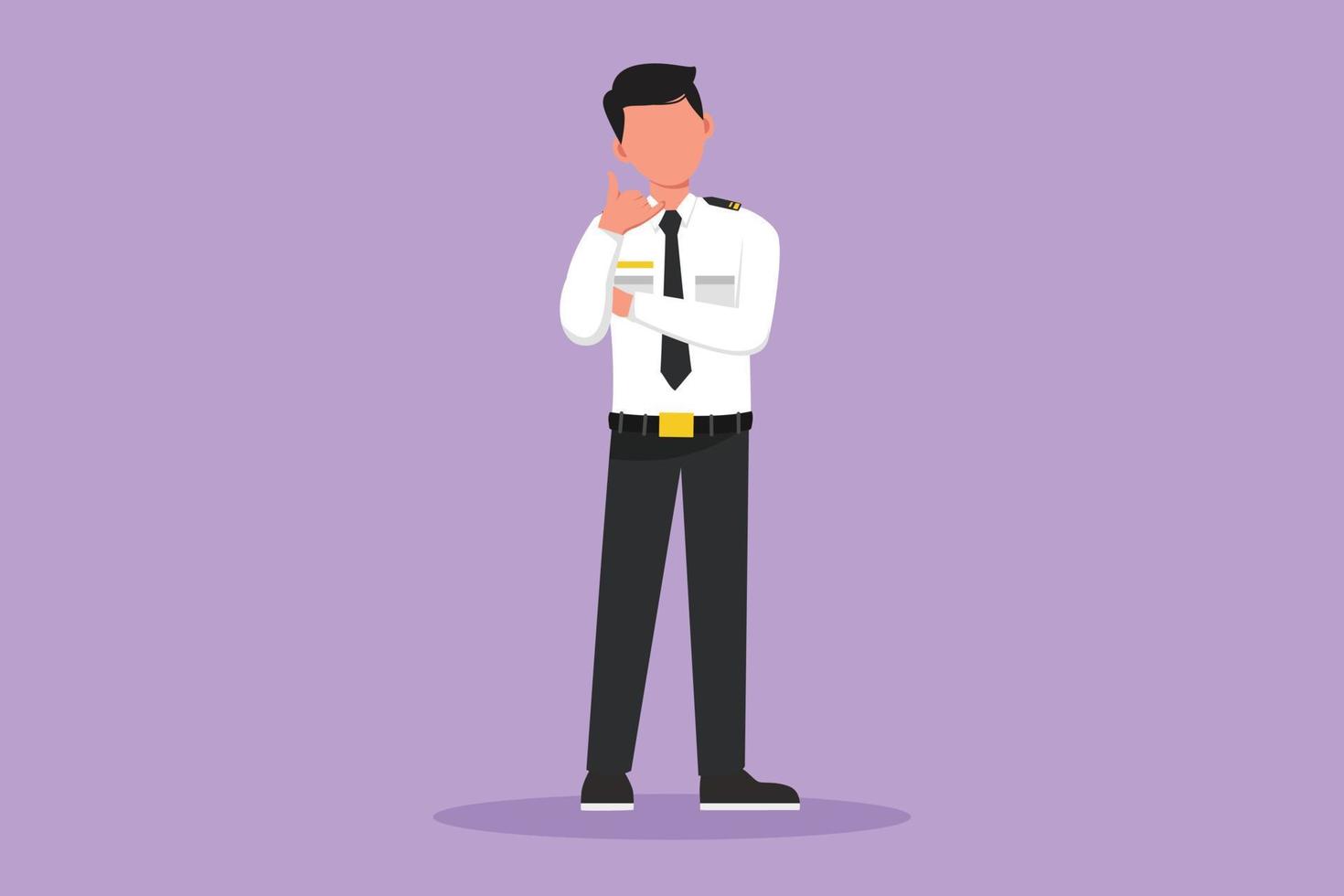 Cartoon flat style drawing of flight attendant or steward standing in uniform with call me gesture prepare at airport for flying and serve passengers to destination. Graphic design vector illustration