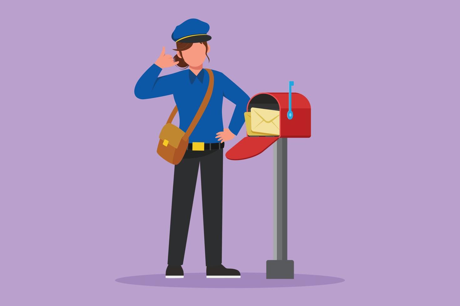 Graphic flat design drawing active postwoman with call me gesture standing in hat, bag, uniform, holding an envelope. Working hard to delivering mail to home address. Cartoon style vector illustration