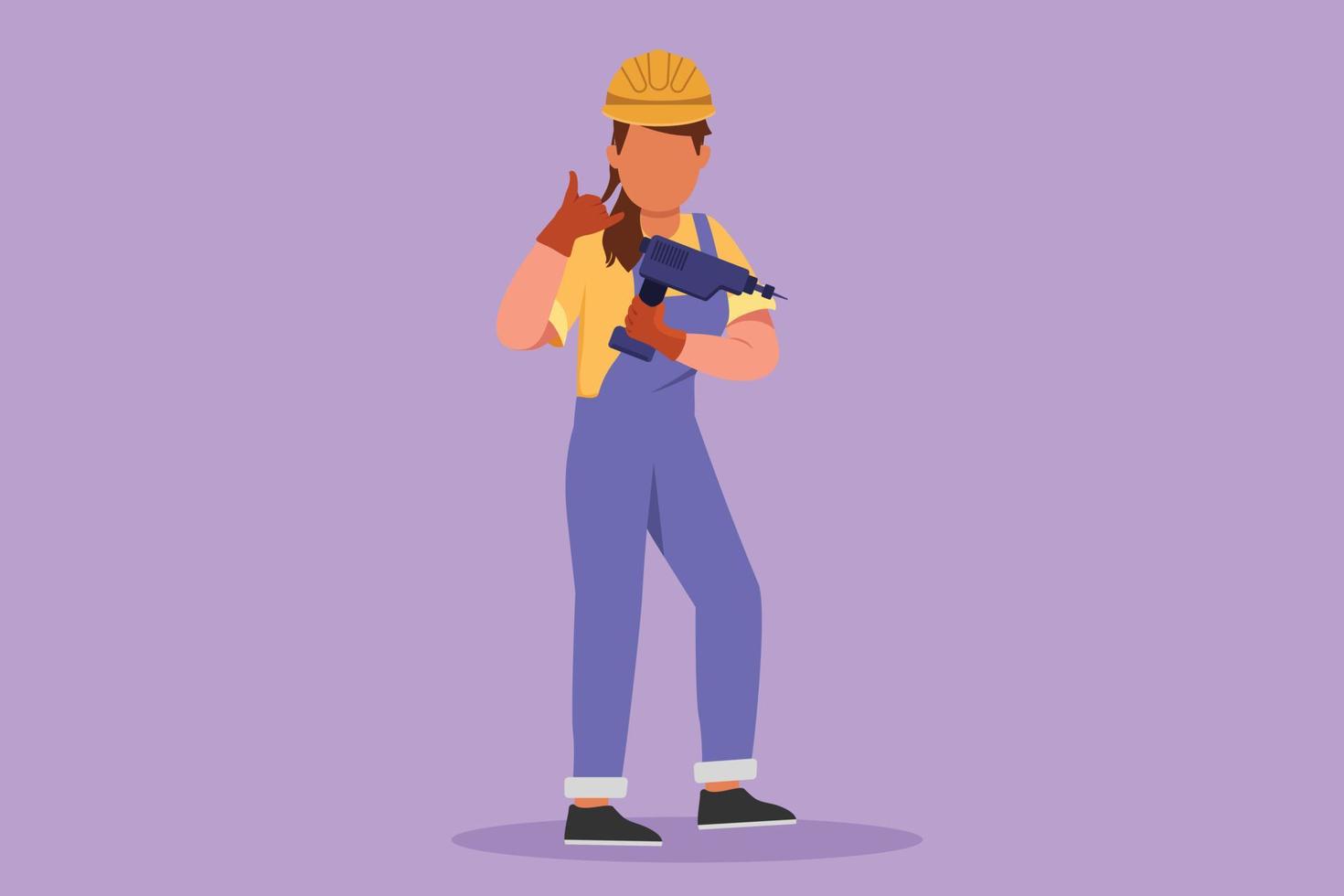 Character flat drawing female carpenter stands with drill and call me gesture, working for wood industry, must be skilled at using carpentry tools. House renovation. Cartoon design vector illustration