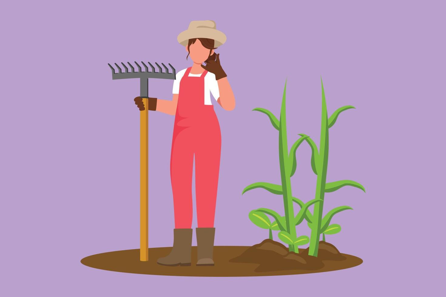 Character flat drawing female farmer stands with call me gesture, wearing straw hat, carrying shovel to plant crop or harvest on farmland. Rural agricultural worker. Cartoon design vector illustration