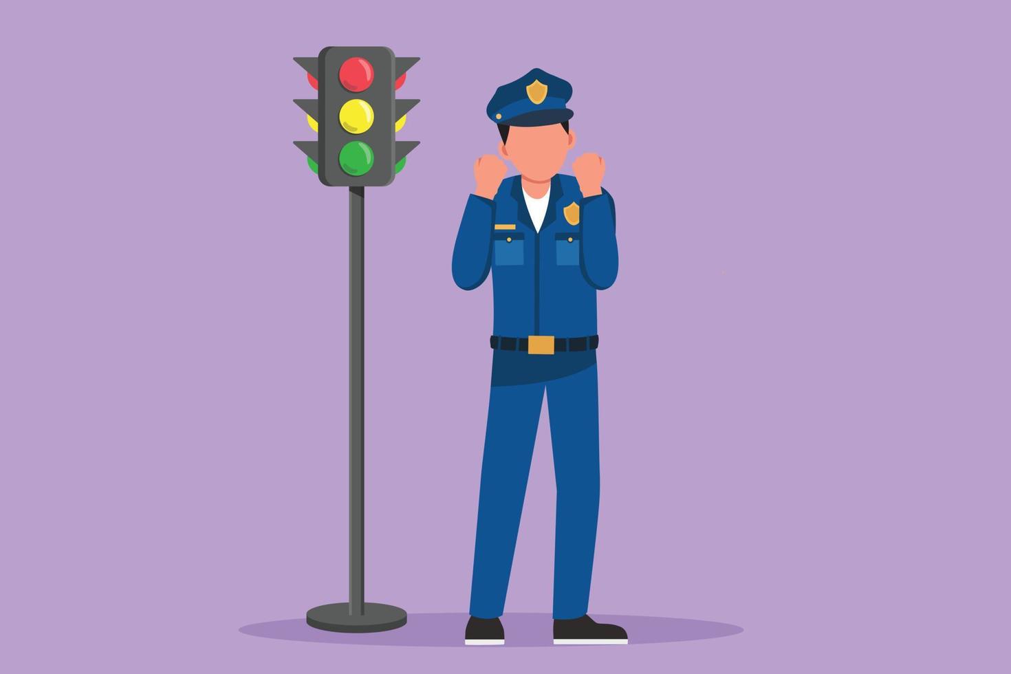 Cartoon flat style drawing of happy policeman standing near traffic light in full uniform with celebrate gesture and working to control vehicle traffic on highway. Graphic design vector illustration