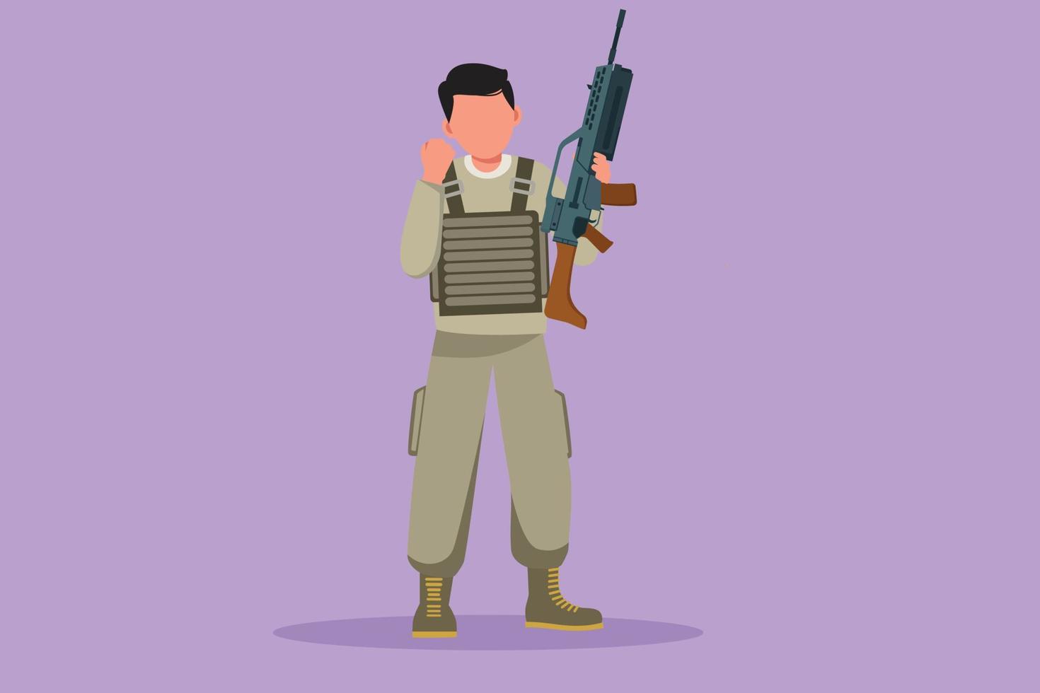 Graphic flat design drawing of happy male soldiers or army standing with weapon, full uniform, and celebrate gesture serving country with strength of military forces. Cartoon style vector illustration