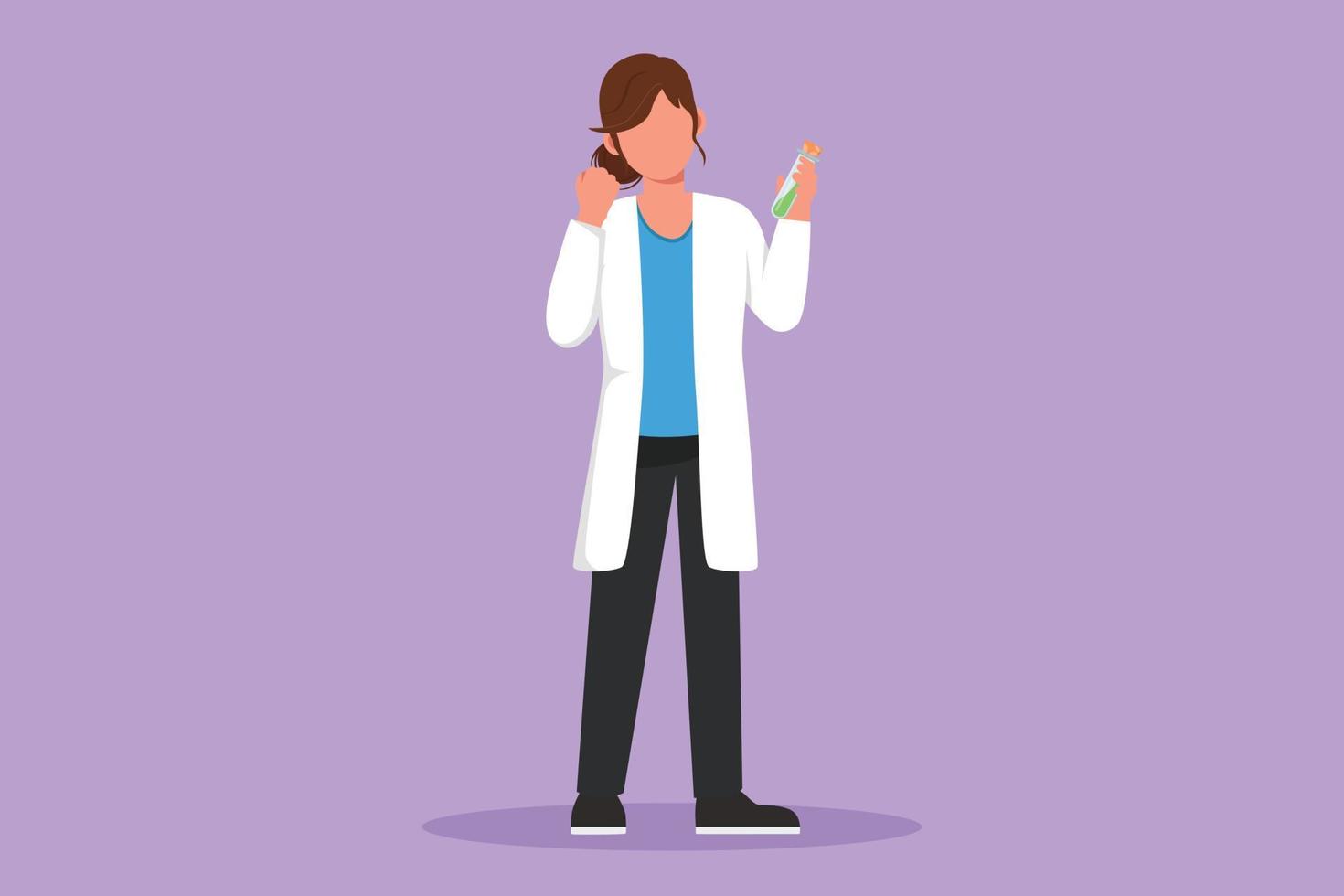 Graphic flat design drawing female scientist standing with celebrate gesture and holding measuring tube filled with chemical liquid. Researching vaccine and pandemic. Cartoon style vector illustration
