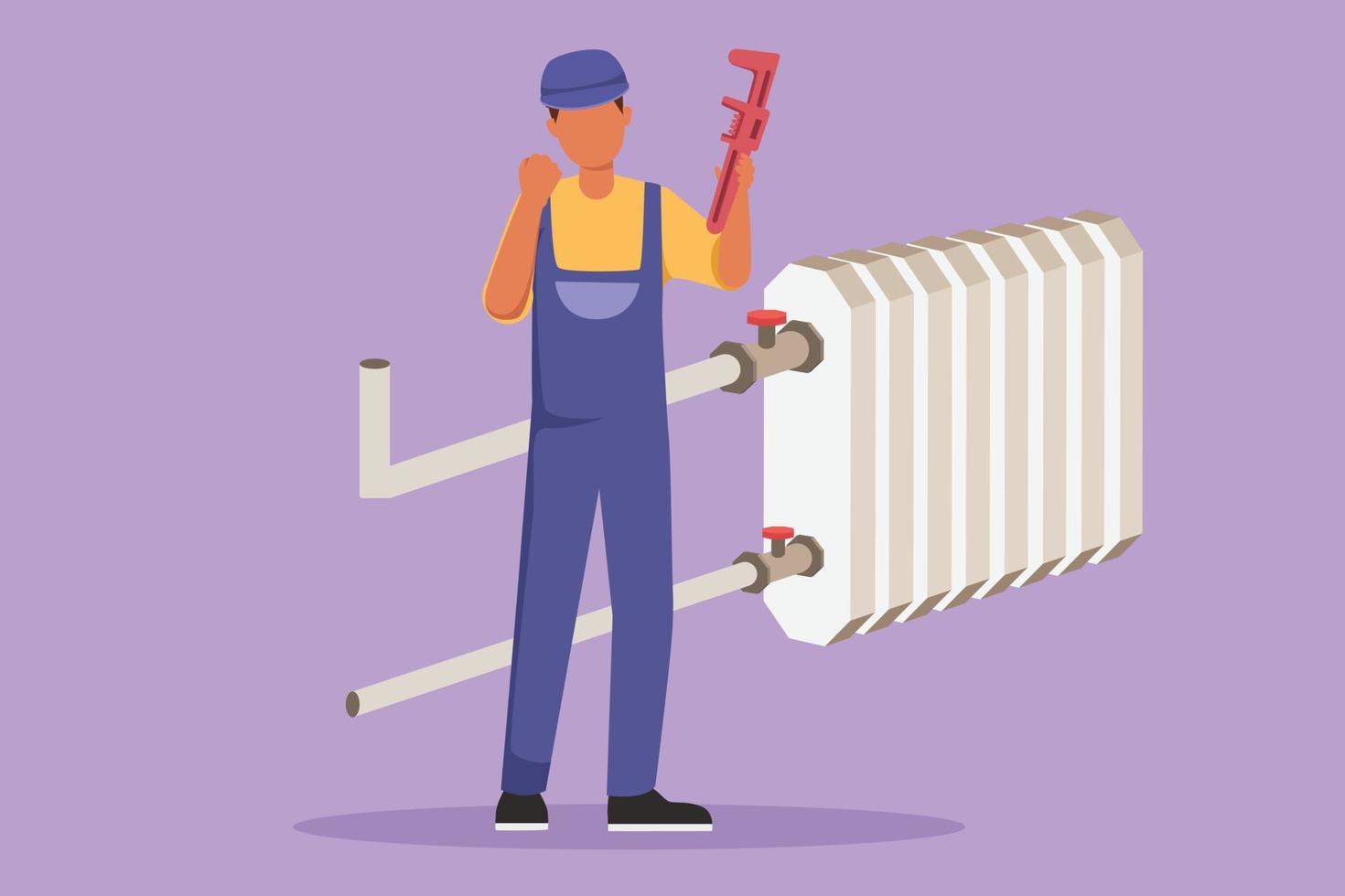 Cartoon flat style drawing happy plumber standing with celebrate gesture and holding carpentry tool ready to work fixing broken plumbing at home. Success business. Graphic design vector illustration