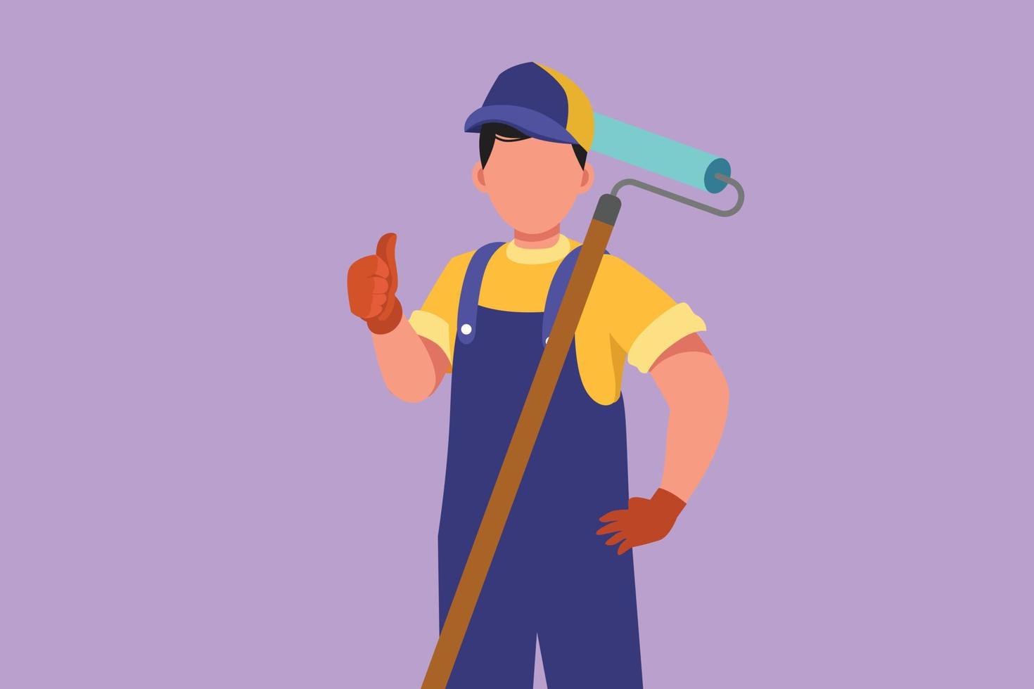 Cartoon flat style drawing active handyman holding long paintbrush roll with thumbs up gesture is ready to work on painting wall and repairing damaged part of house. Graphic design vector illustration