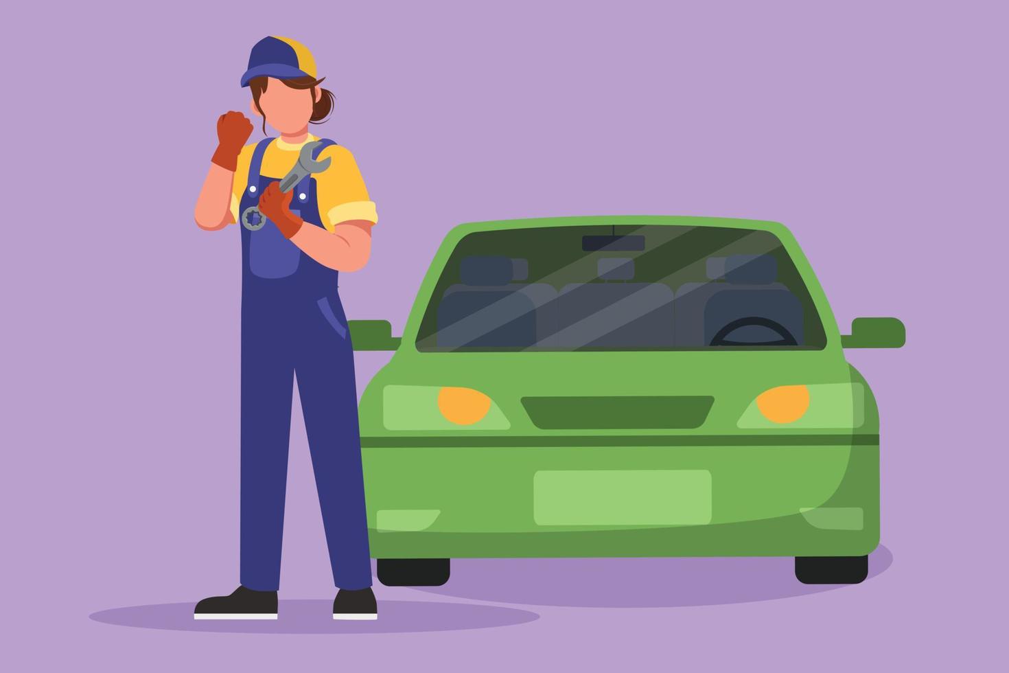 Character flat drawing female mechanic standing in front of car with celebrate gesture and holding wrench to perform maintenance on vehicle engine or transportation. Cartoon design vector illustration