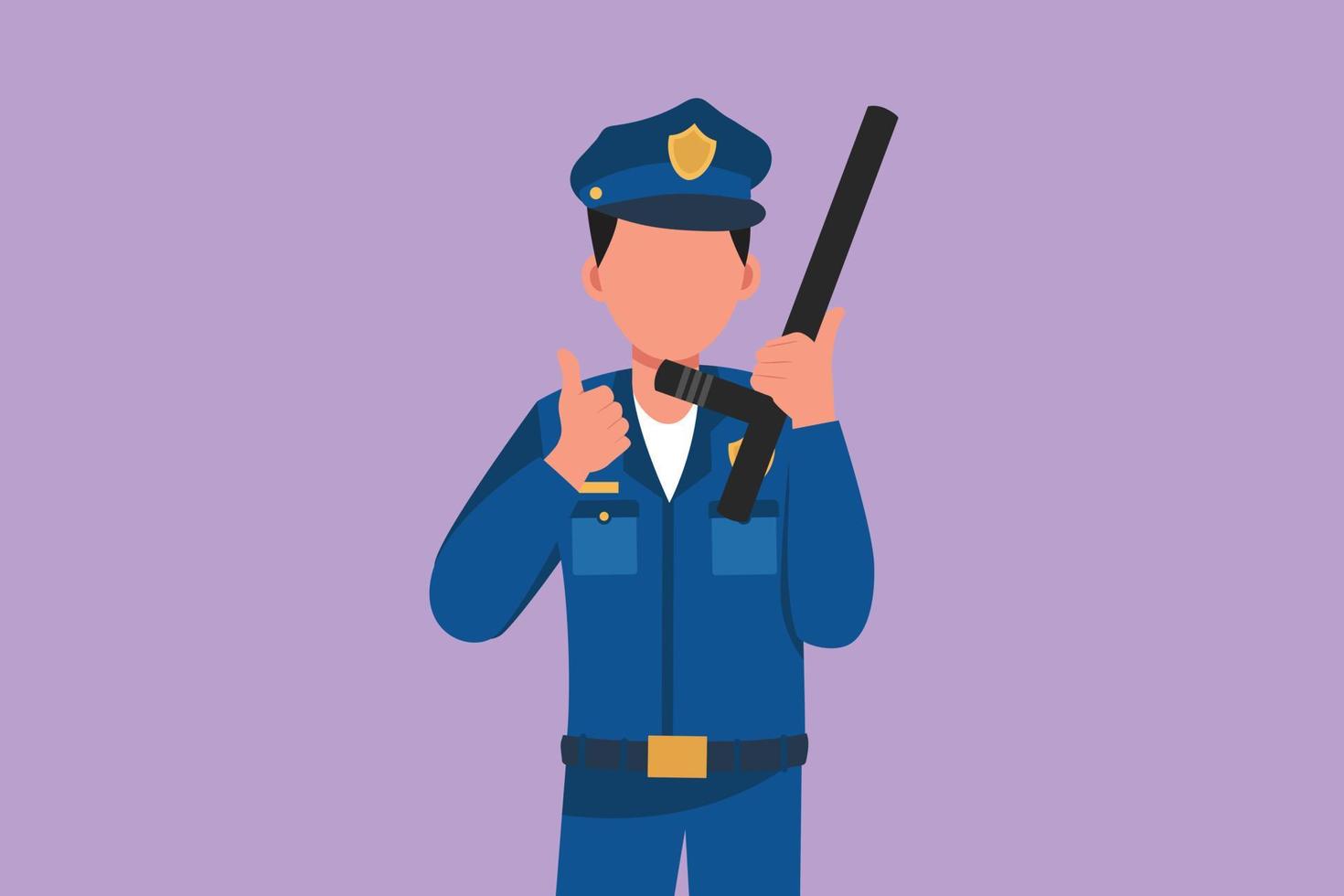 Cartoon flat style drawing attractive policeman holding police baton with thumbs up gesture and in full uniform ready to enforce traffic discipline on the highway. Graphic design vector illustration