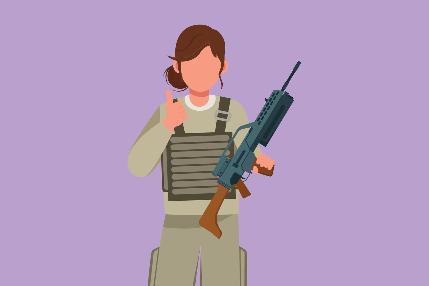 Graphic flat design drawing female soldier in full uniform, holding weapon with thumbs up gesture, ready to defend country on battlefield against enemy. Army on duty. Cartoon style vector illustration