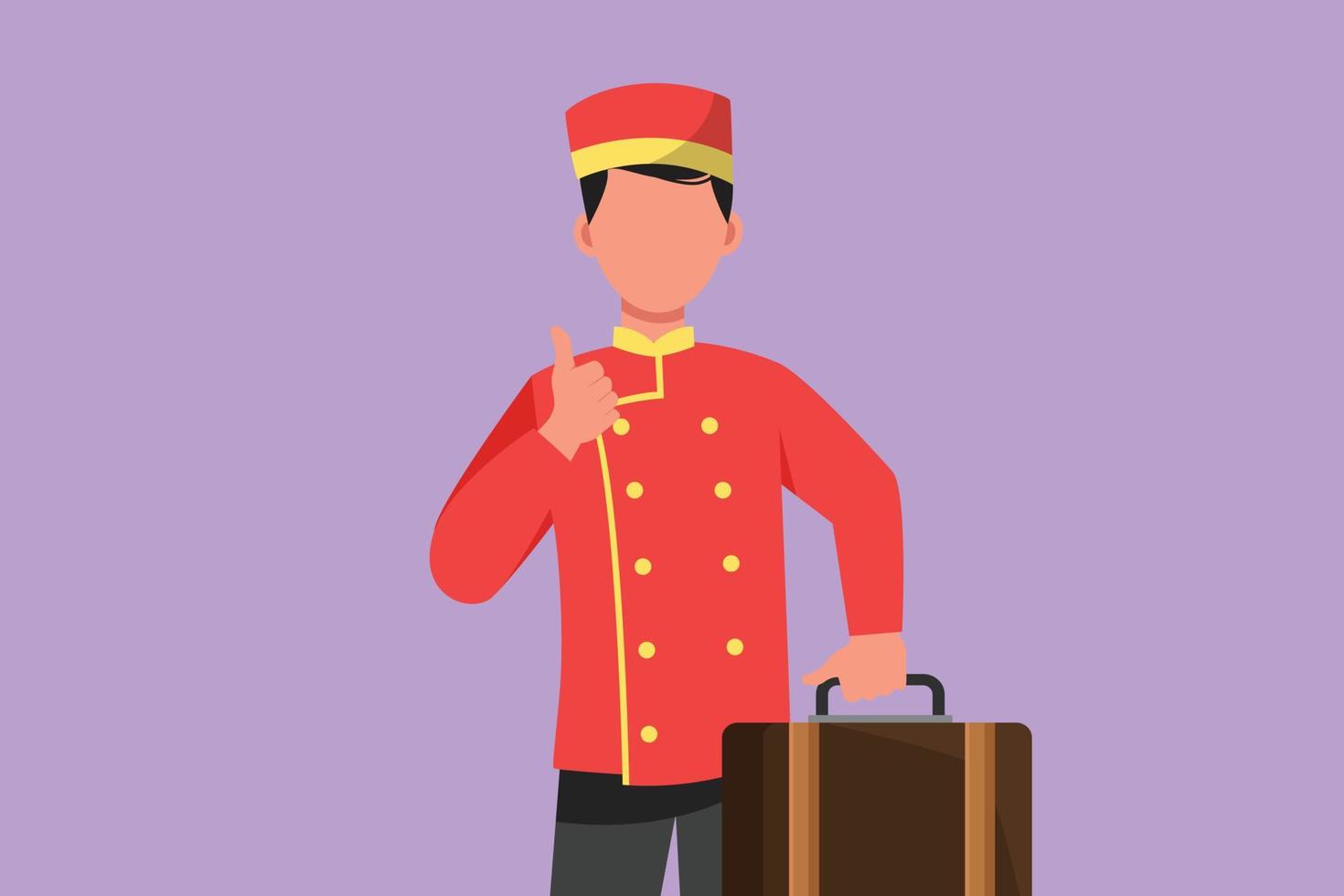 Character flat drawing hotel doorman in uniform held suitcase with thumbs up pose. Ready to serve guests in friendly and warm manner. Porter with great hospitality. Cartoon design vector illustration