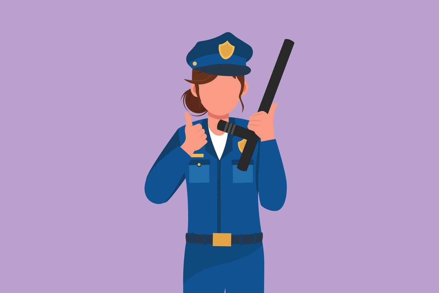 Cartoon flat style drawing attractive policewoman holding police baton with thumbs up gesture and in full uniform ready to enforce traffic discipline on the highway. Graphic design vector illustration