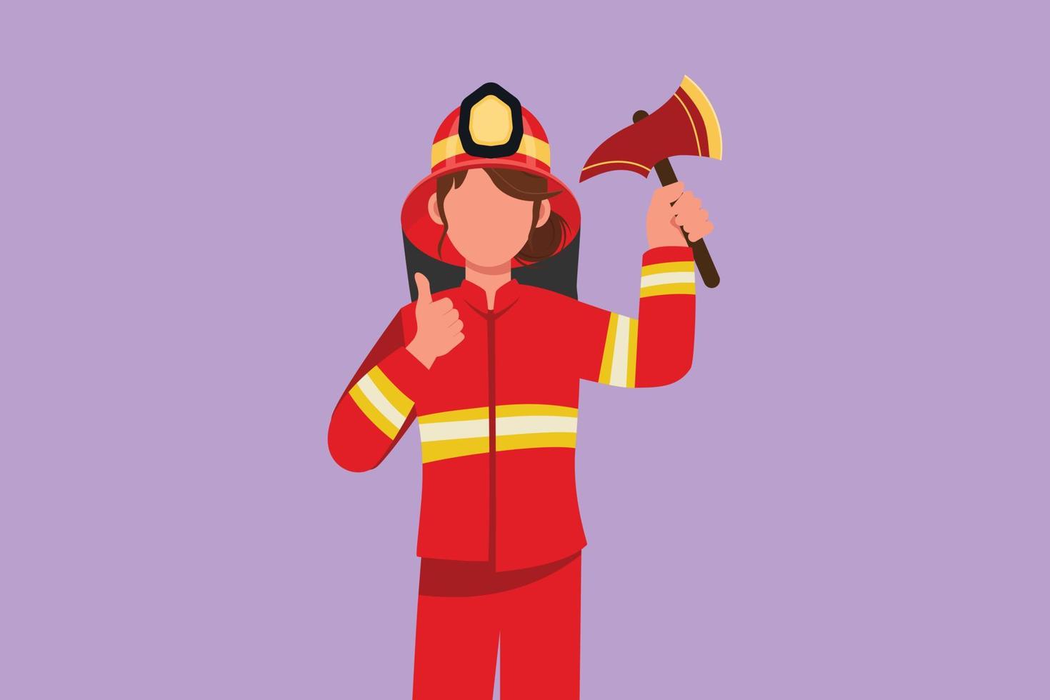 Cartoon flat style drawing female firefighter in complete uniform holding glass breaking axe with thumbs up gesture prepare to put out fire that burned the building. Graphic design vector illustration