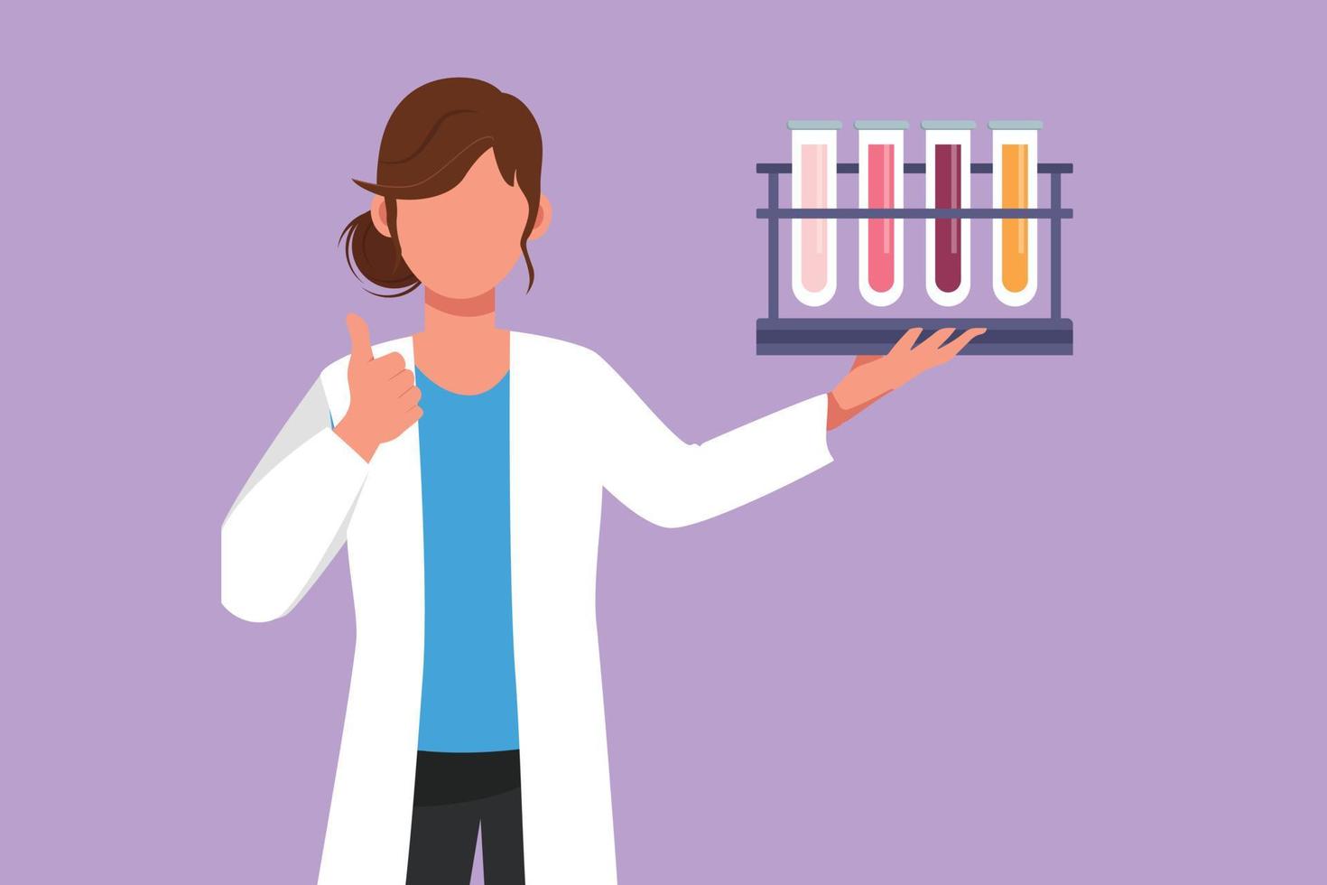 Graphic flat design drawing female scientist holding measuring tube with thumbs up gesture and examining chemical solution to make vaccine due to pandemic outbreak. Cartoon style vector illustration