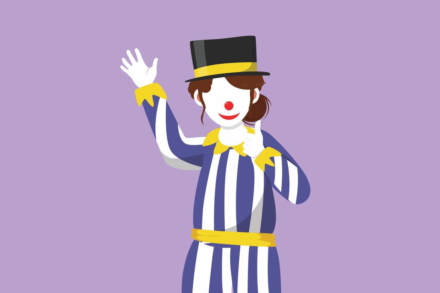 Cartoon flat style drawing female clown hand say hi and the other hand with thumbs up gesture. Wearing hat and smiling face makeup. Entertain kids at birthday party. Graphic design vector illustration