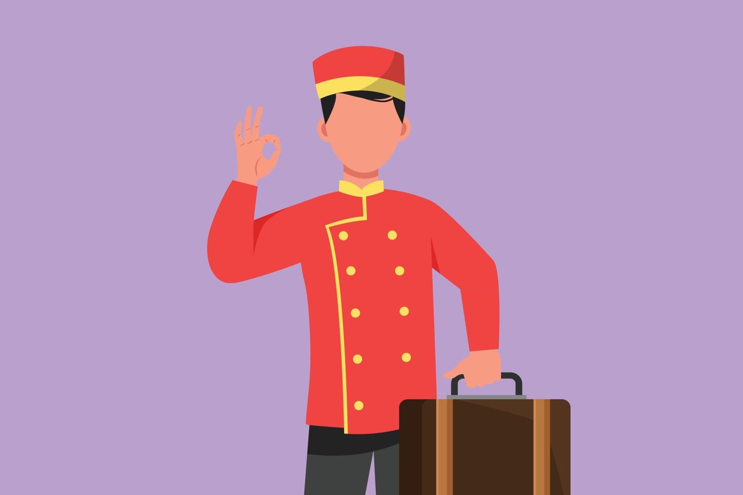 Cartoon flat style drawing hotel doorman in uniform held suitcase with okay pose. Ready to serve guests in friendly and warm manner. Porter with great hospitality. Graphic design vector illustration