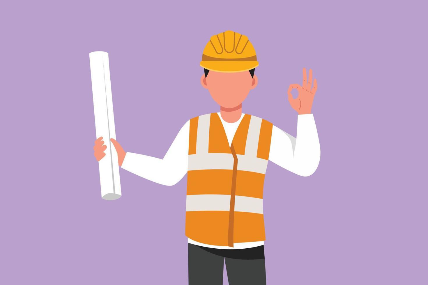 Cartoon flat style drawing male architect wearing vest, helmet with okay gesture and carrying blueprint paper for building work plan. Builder on work at ground site. Graphic design vector illustration