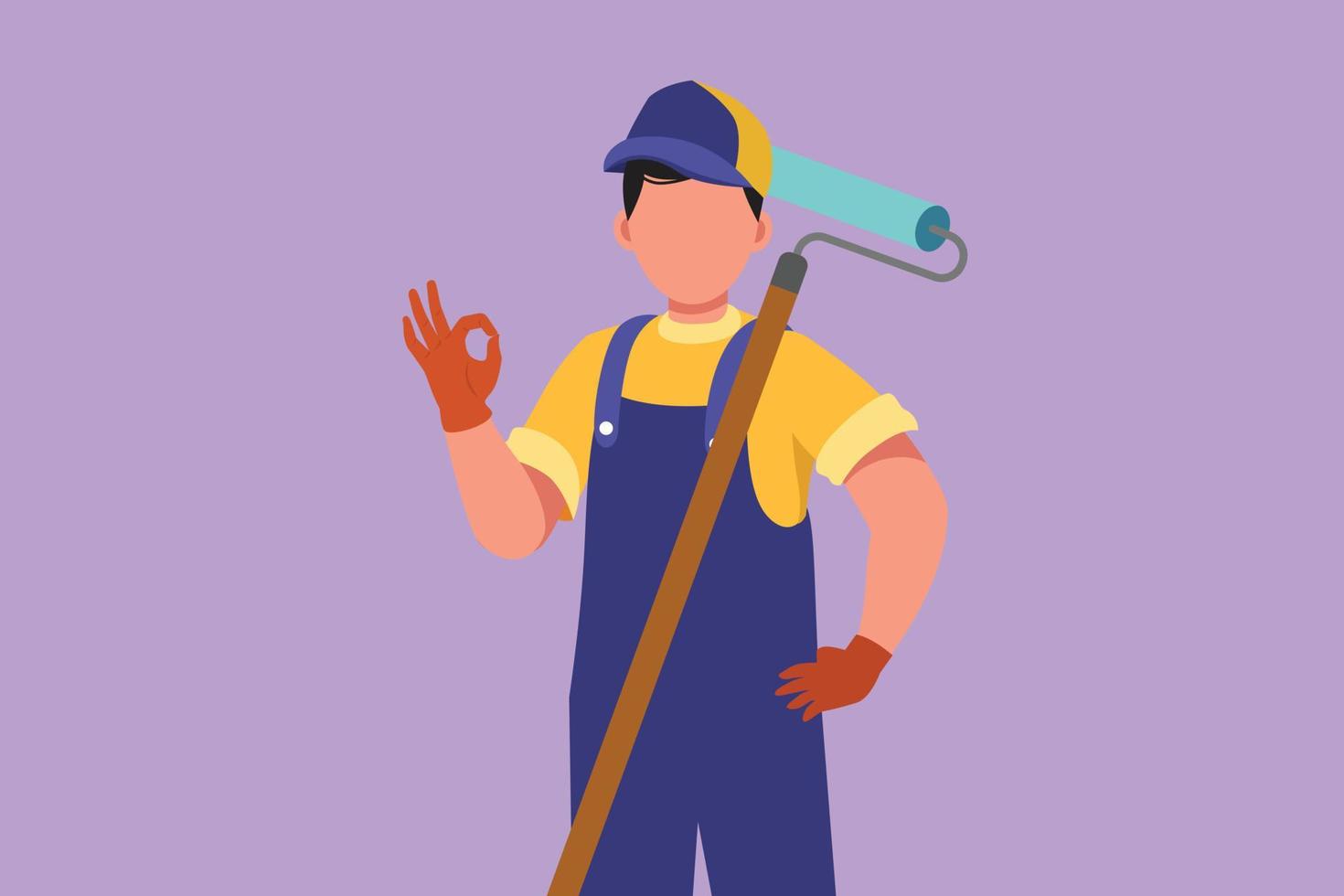 Cartoon flat style drawing handyman holding long paintbrush roll with okay gesture is ready to work on painting wall, renovation and repairing damaged part of house. Graphic design vector illustration