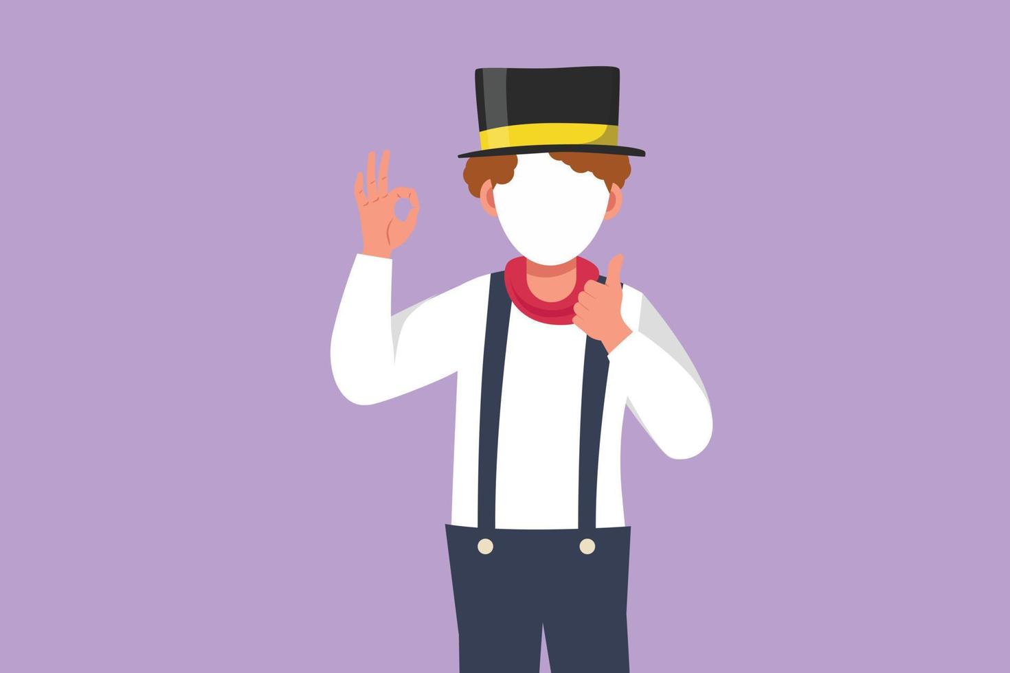 Graphic flat design drawing male mime artist say hi with okay gesture and white face make up puts on silent motion comedy show at circus arena. Creative job industry. Cartoon style vector illustration