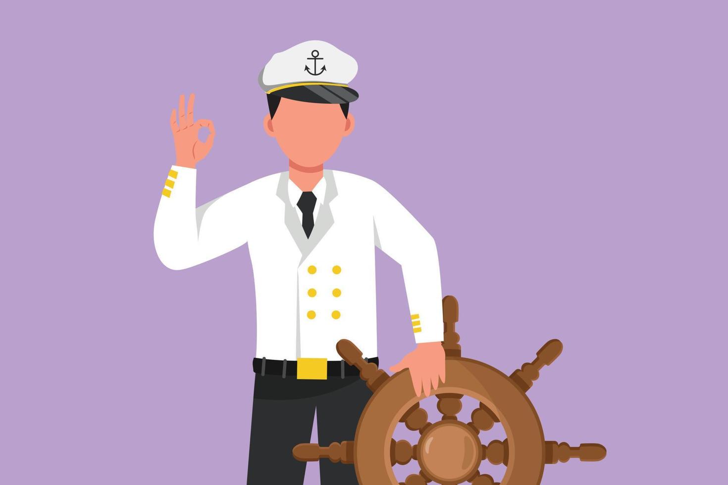 Character flat drawing bravery sailor man with okay gesture ready to sail across seas in ship that is headed by captain. Active male sailor traveling across ocean. Cartoon design vector illustration