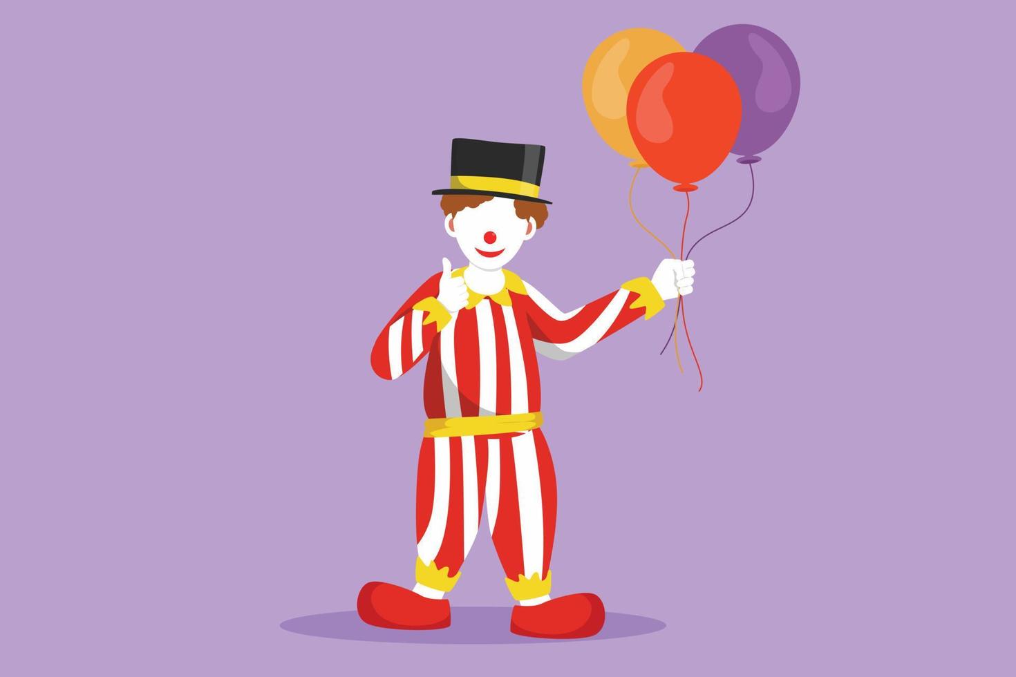 payaso de dibujo de diseño gráfico plano de pie y sosteniendo globos con gesto de pulgar hacia arriba usando sombrero y disfraz de payaso listo para entretener a la audiencia en la arena del circo. ilustración vectorial de estilo de dibujos animados vector