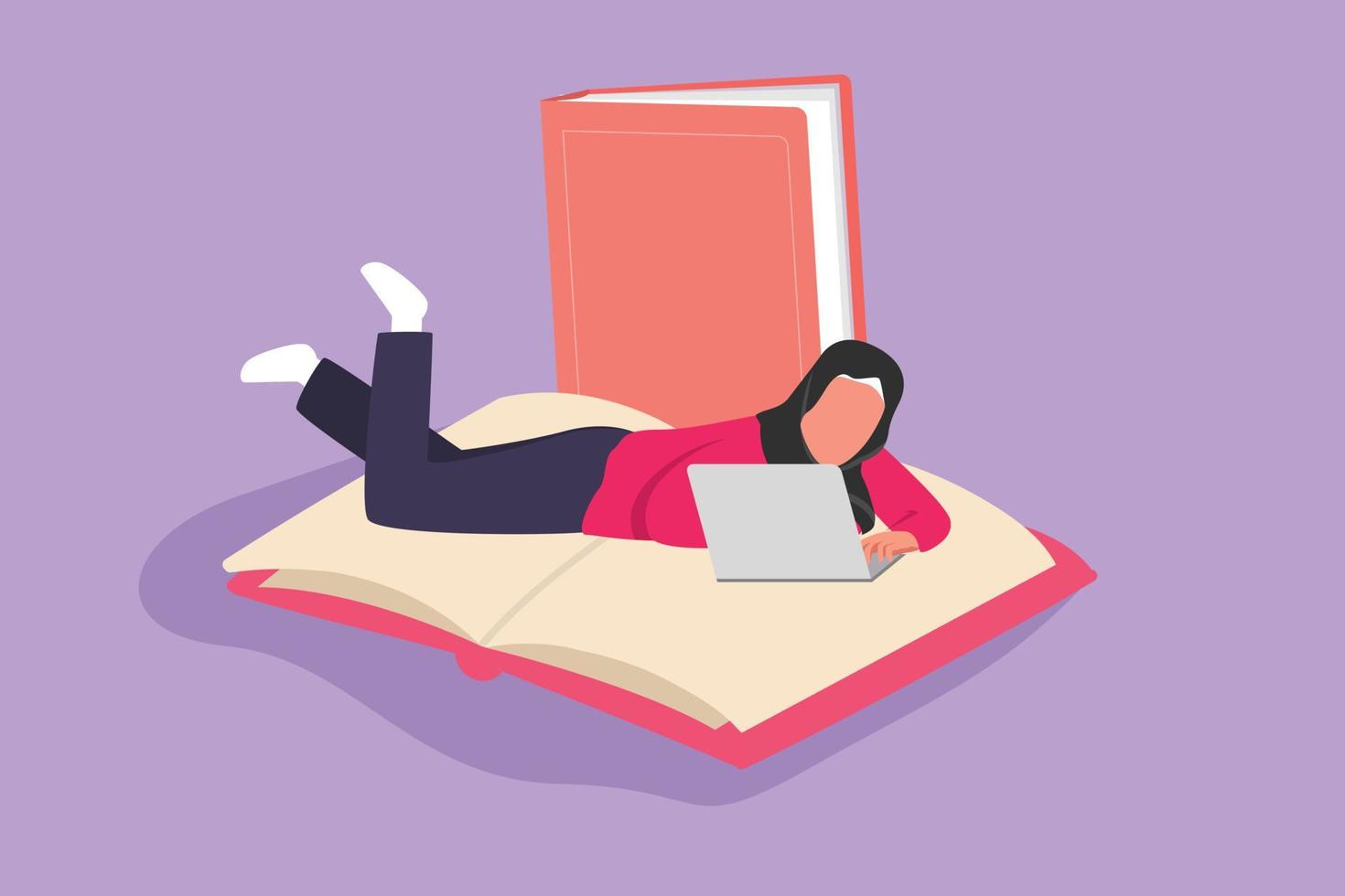 Cartoon flat style drawing woman freelancer works at laptop lying on big book. Arab female worker working at home. Job freelance. Girl student at online education. Graphic design vector illustration