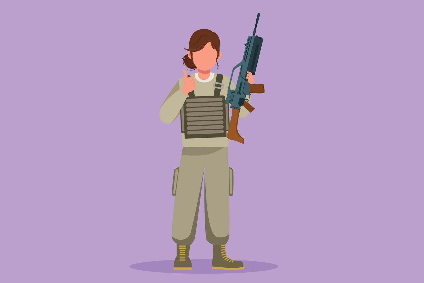Cartoon flat style drawing female soldiers or army standing with weapons, full uniforms, and thumbs up gestures serving the country with strength of military forces. Graphic design vector illustration