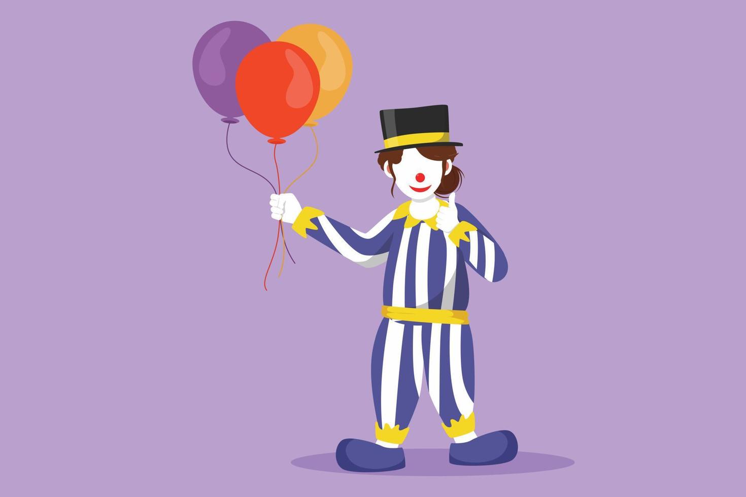 dibujo de estilo plano de dibujos animados payaso femenino de pie sosteniendo globos con gesto de pulgar hacia arriba con sombrero y disfraz de payaso listo para entretener a la audiencia en la arena del circo. ilustración vectorial de diseño gráfico vector