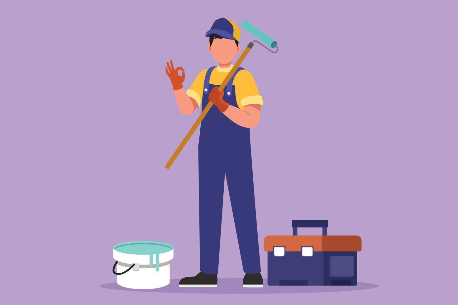 Character flat drawing of handyman standing and holding long roll paintbrush with okay gesture and toolbox. Ready to home service, housing renovation and decoration. Cartoon design vector illustration