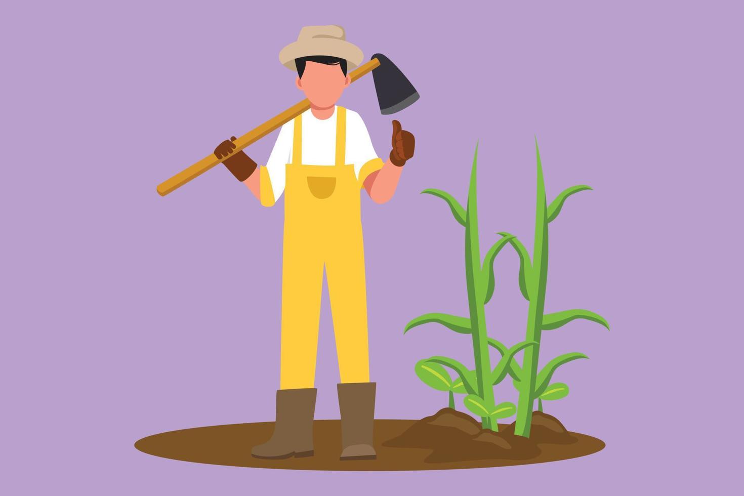 Graphic flat design drawing male farmer standing with thumbs up gesture, wearing straw hat and carrying shovel to plant crops on farmland. Rural worker agricultural. Cartoon style vector illustration