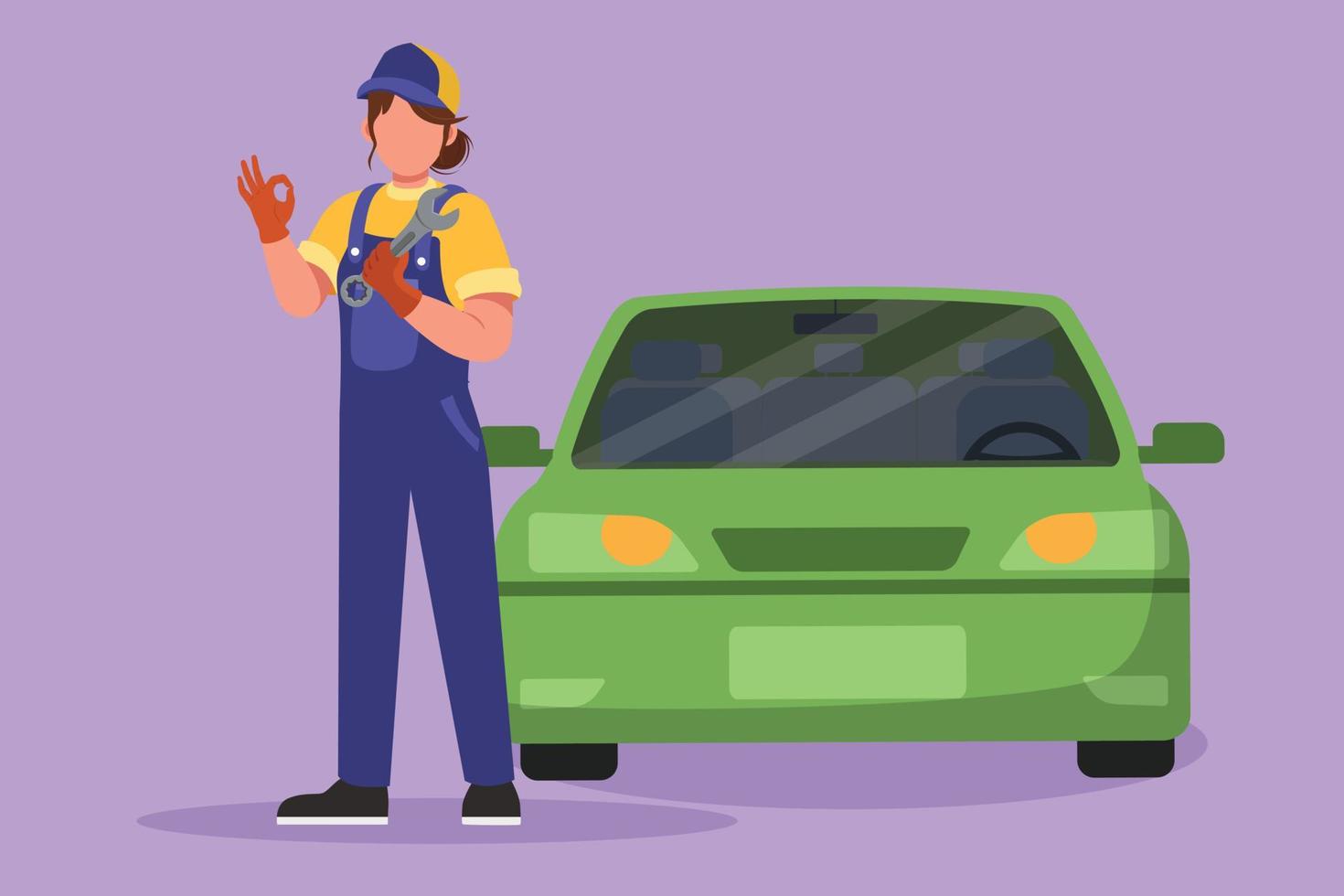 Graphic flat design drawing female mechanic standing in front of car with okay gesture and holding wrench to perform maintenance on vehicle engine or transportation. Cartoon style vector illustration