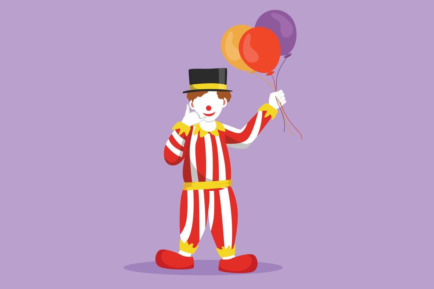 Cartoon flat style drawing funny clown standing and holding balloons with call me gesture, wearing hat and clown costume ready to entertain audience in circus arena. Graphic design vector illustration