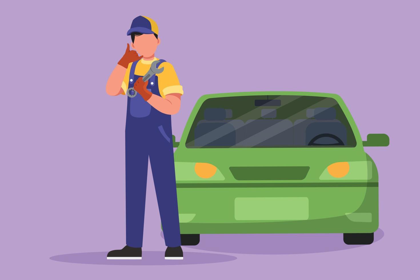 Cartoon flat style drawing male mechanic standing in front of car with call me gesture and holding wrench to perform maintenance on vehicle engine or transportation. Graphic design vector illustration