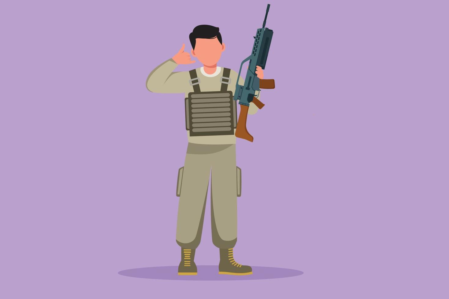 Character flat drawing of gallant male soldiers or army standing with weapon, full uniform, and call me gesture serving the country with strength of military forces. Cartoon design vector illustration