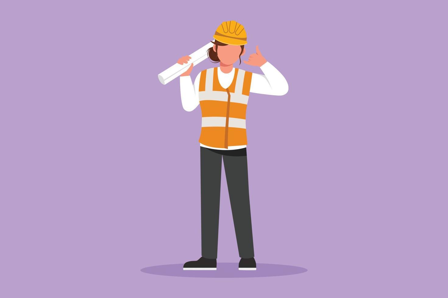 Graphic flat design drawing female architect standing holding roll of paper work with call me gesture and wearing helmet carrying blueprint for building's work plan. Cartoon style vector illustration